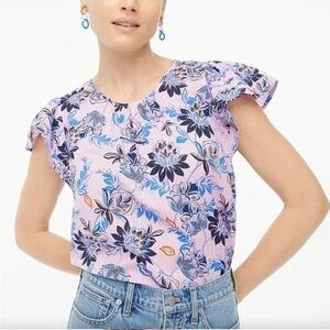 J Crew Purple Floral Pintuck Flutter-Sleeve Top